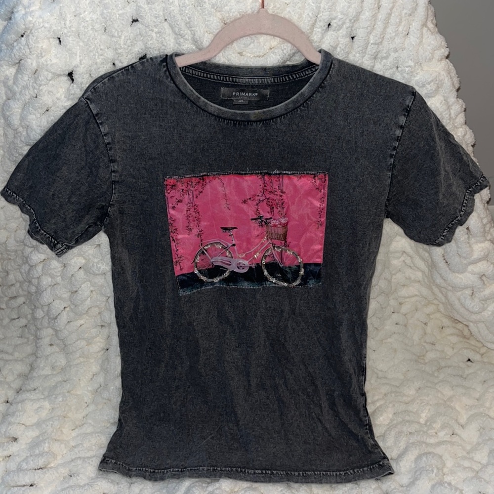 Gray & Pink Graphic T-Shirt - Bicycle w/ sequin/beads-Size XS
